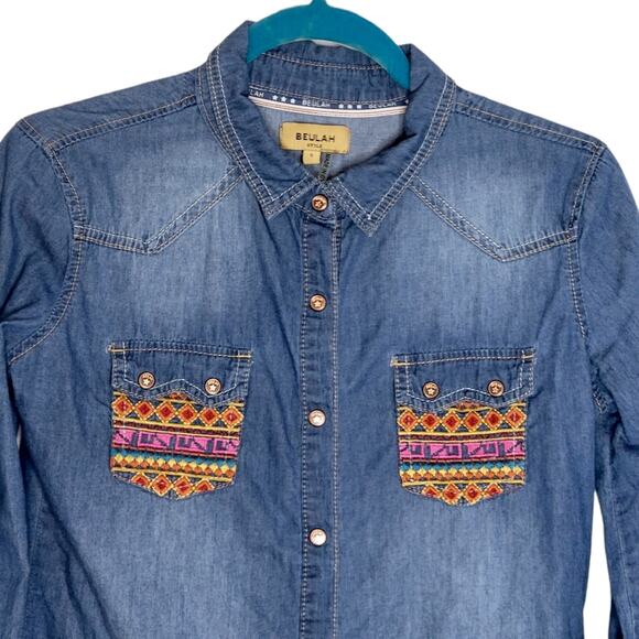 Beulah Embroidered Chambray Denim Button Up Shirt Size Small - Picture 2 of 7